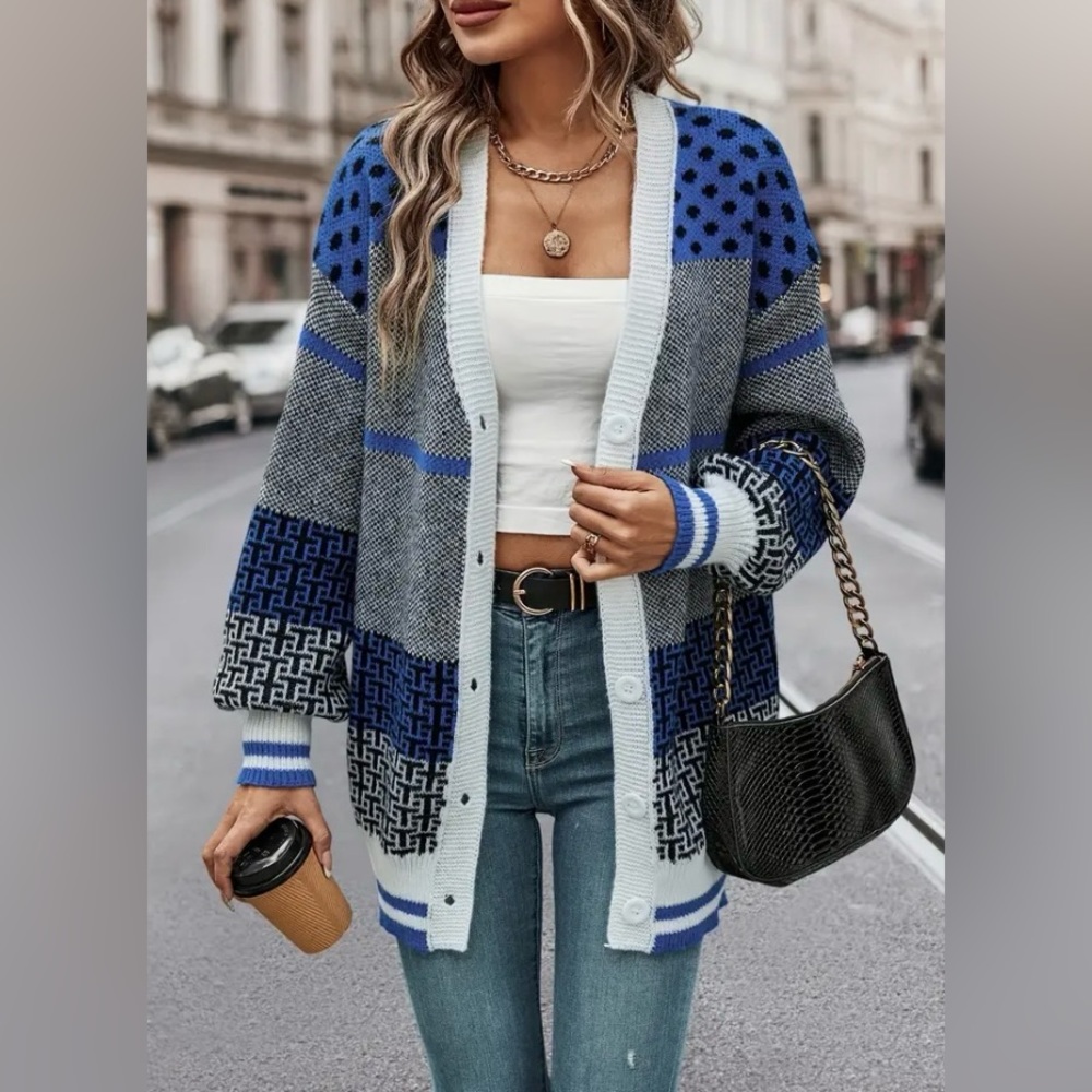 Color Block Geo Print Knit Cardigan Long Sleeve Button Front. Size: Various - Picture 4 of 7